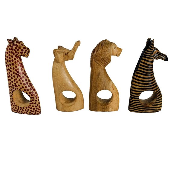 Wooden Carved Safari Animals Napkin Rings 4 Holder Zebra Leopard Tiger Elephant - Picture 3 of 16